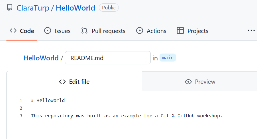 Editing a file in the GitHub interface