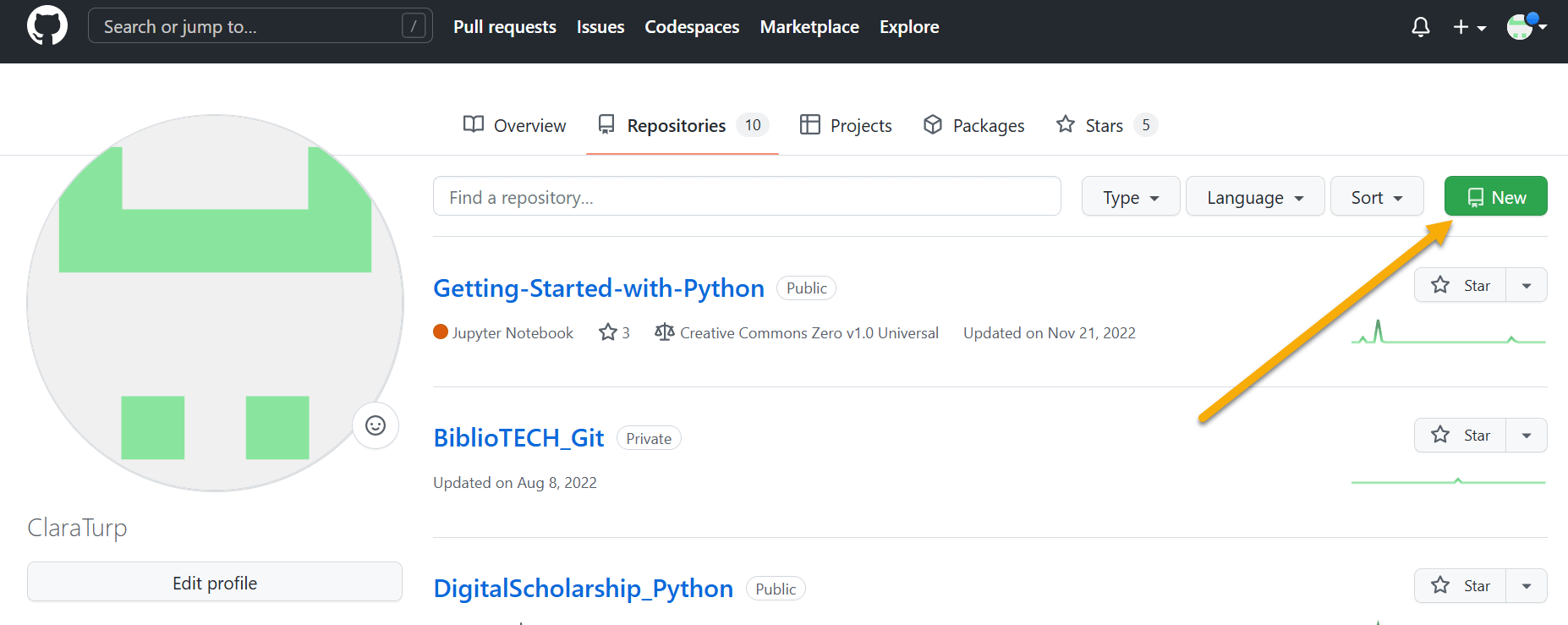 Adding a new repository in the GitHub interface
